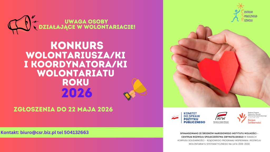 plakat konkursu wolantariusza roku 2025 wraz z logotypami. Dane zgodne z pozostałą częścią posta.
