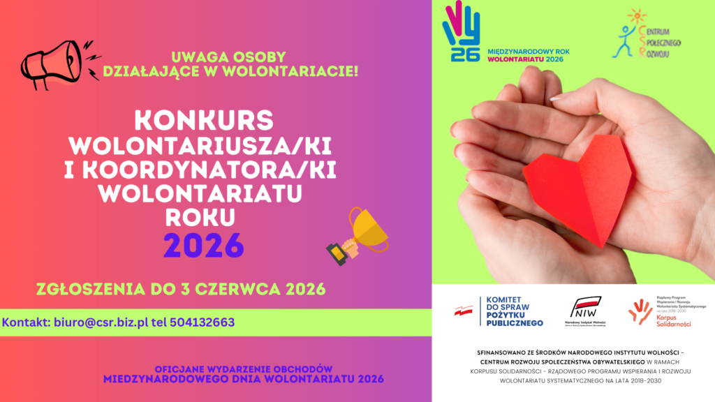 plakat konkursu wolantariusza roku 2025 wraz z logotypami. Dane zgodne z pozostałą częścią posta.