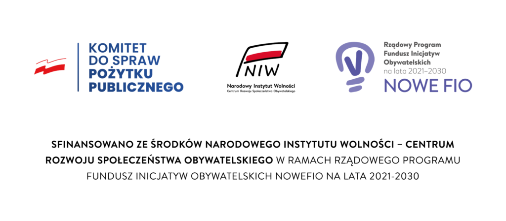Logotypy programu: Komitetu do spraw pożytku publicznego, Narodowego Instytutu Wolności oraz Rządowego programu Fundusz Inicjatyw Obywatelskich 2021-2030